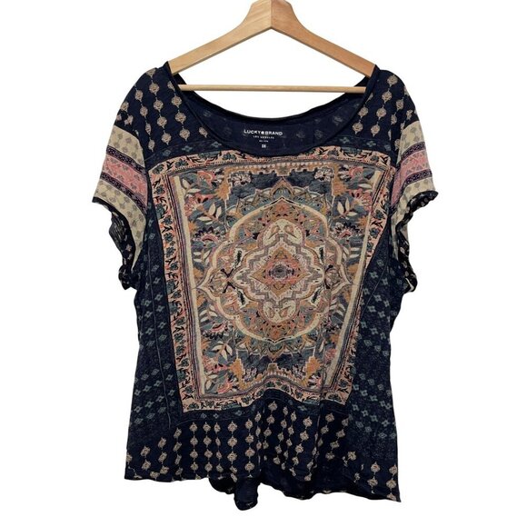 Lucky Brand Womens Boho Floral Printed Short Sleeve Top 3X Navy Multicolor Cotto - Picture 1 of 8